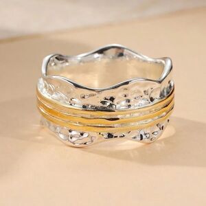 Wide Hammered 2 Tone Band Ring Wavy Yellow White Gold Spinner Look Style sz: 8